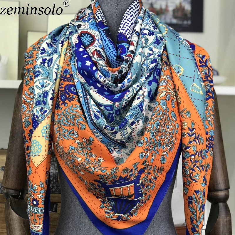 Luxury Brand Spring Printed 100% Silk Twill Scarves Women Bandana Large Square Silk Scarf Shawl Wraps Foulard 130x130cm