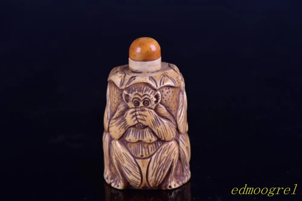 Rare old Bone snuff bottle,carving 3 monkeys,good design,free shipping