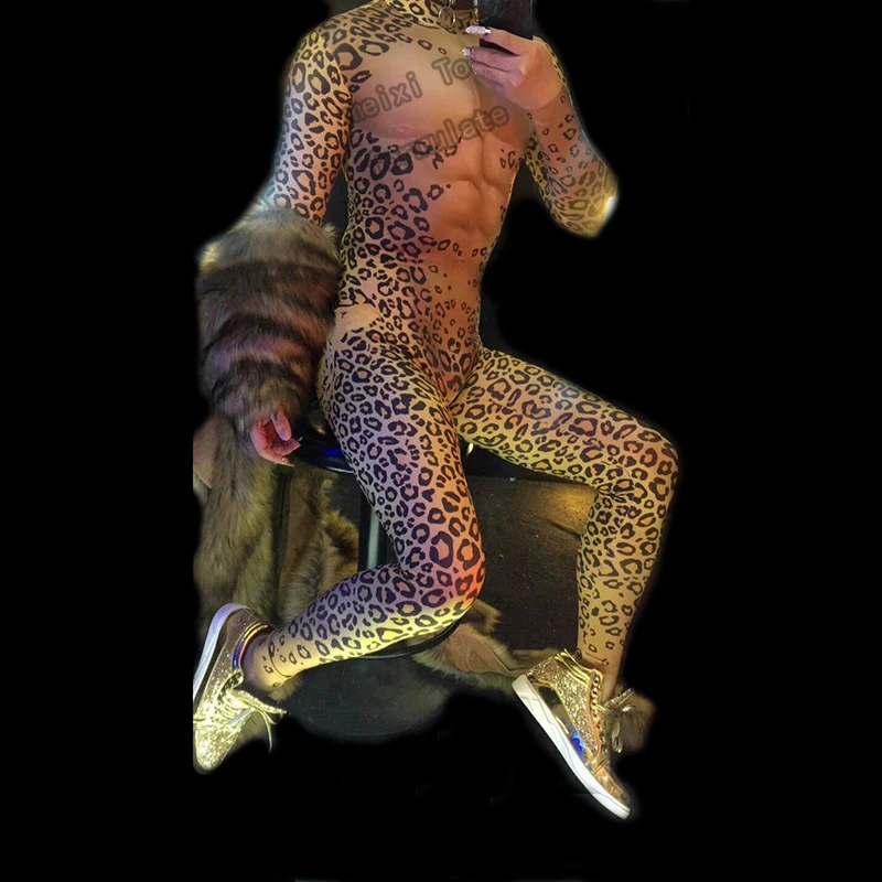 

Men's muscle sexy red eye leopard print elastic jumpsuit bar nightclub concert singer dancer costume