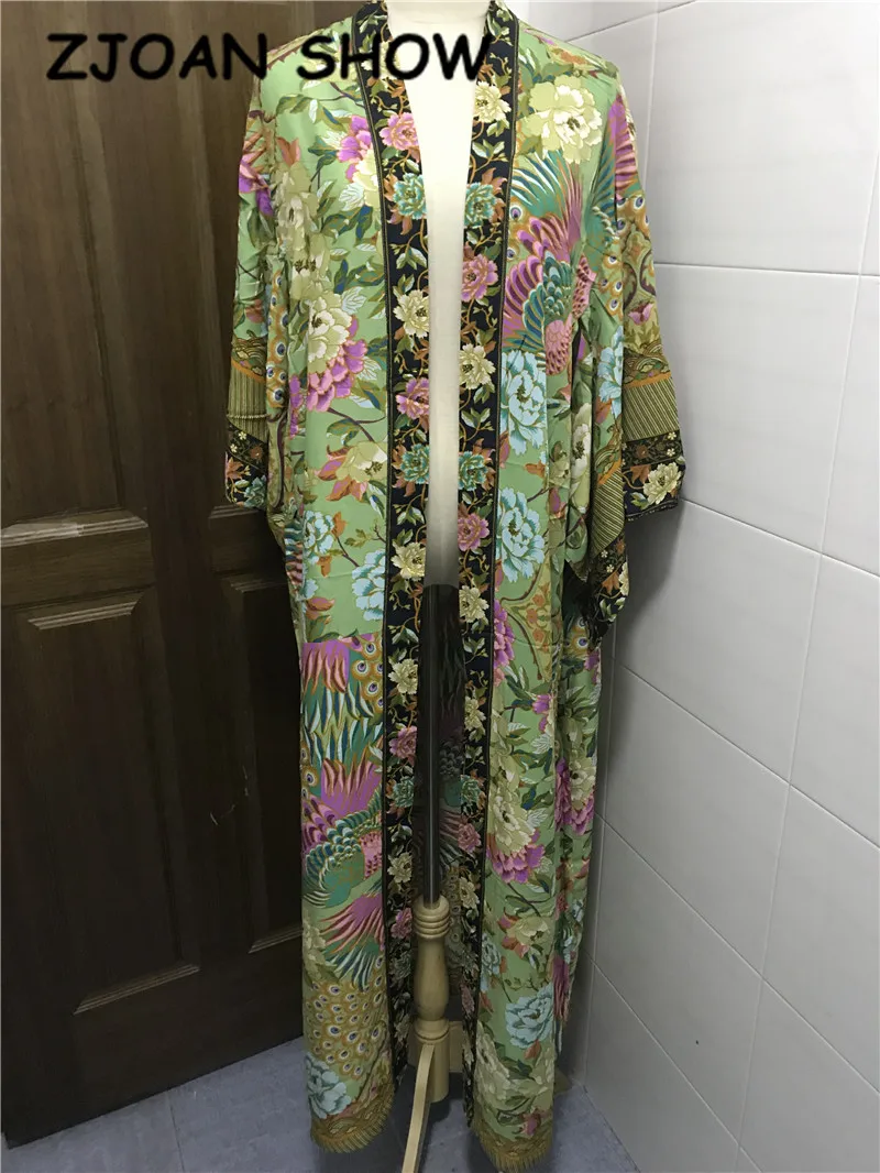 Bohemian V neck Peacock Flower Print Long Kimono Shirt Ethnic New Lacing up With Sashes Long Cardigan Loose Blouse Tops femme