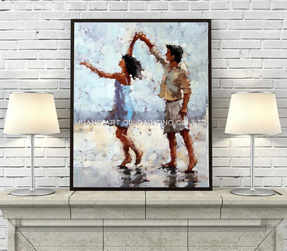 Original Impression Character Oil Painting for Living Room Decor Handmade Lover Dancing at Beach Painting Landscape Picture