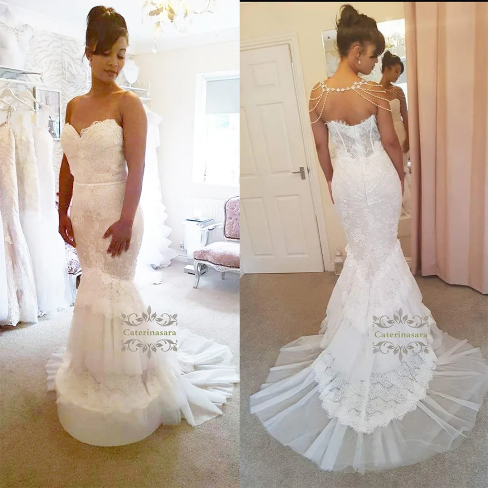 Elegantly Slim 2019 Lace Tulle Mermaid Wedding Dress Sweetheart Pearls Bride Gown Girl Bridal Party Illsion Fit and Flare Train