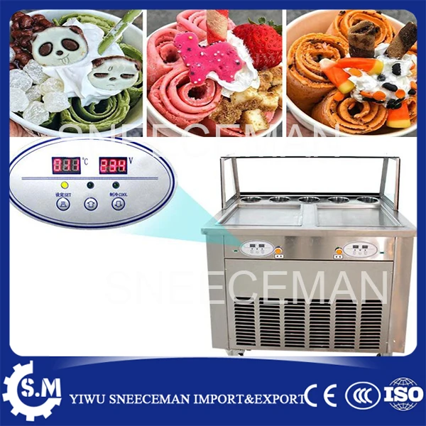 

free shipping 220v/110v fried ice cream roll machine with 5 buckets double square pans rolled machine for sale