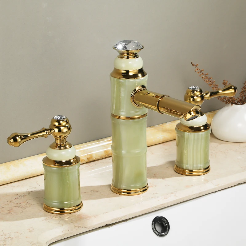 

Luxury Gold Brass Natural jade Bathroom Sink Faucet Golden Art Basin Mixer Taps Three holes Lavatory Faucet,Gold Finish--SM525