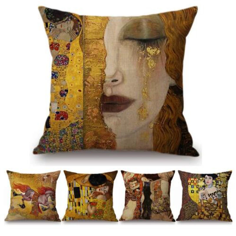 Gold Oil Painting Throw Pillow Cover Gustav Klimt Gallery Pillow Case Home Decorative Pillow  Linen Pillowcase Sofa Cushion