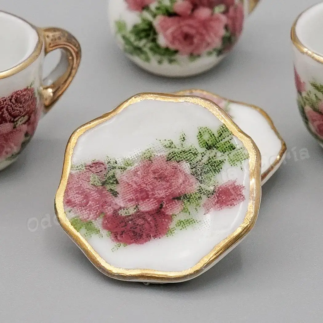 Odoria 1:12 Miniature 8/17PCS Porcelain Rose Tea Cup Set Ceramic Tableware Teapot Kitchen Dollhouse Accessories Doll House Decor