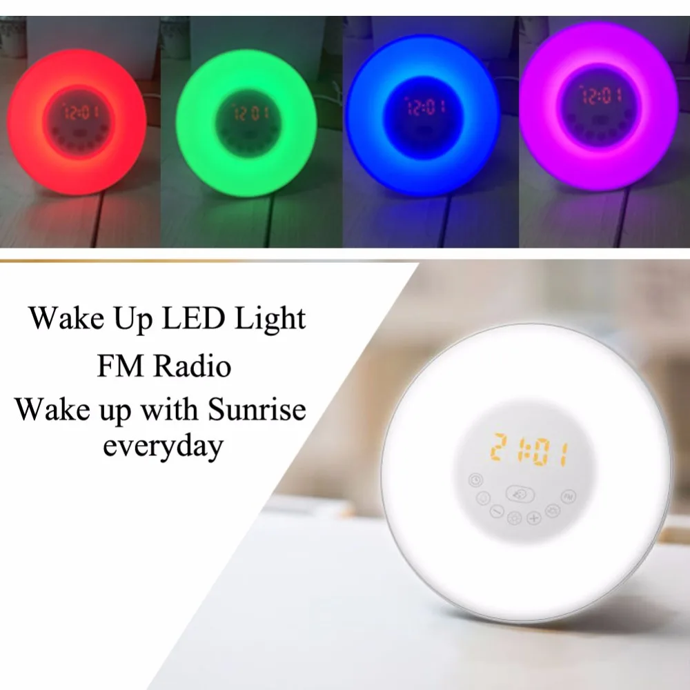 New 3 Plug Colorful Wake Up Digital LED Light Alarm Clock With Sunrise Simulation FM Radio Lamp For Home Bedroom Decoration