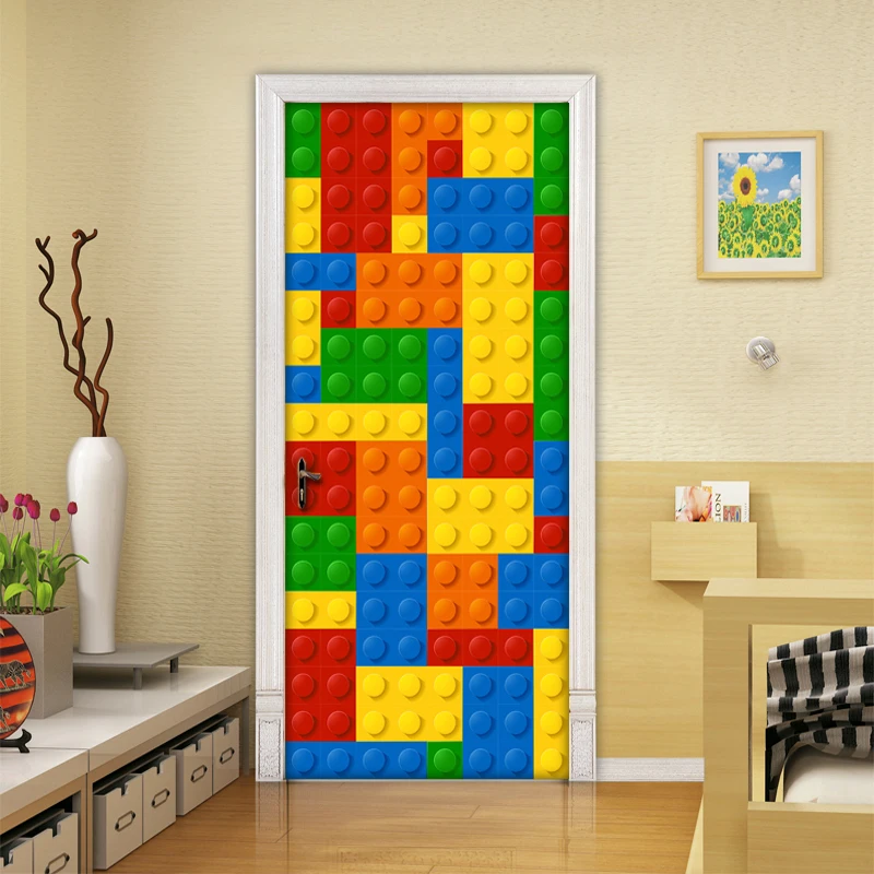 3D Wall Mural Wallpaper Kids Room Cartoon Brick Children Room Bedroom Decoration Self-adhesive Door Sticker PVC Mural Waterproof