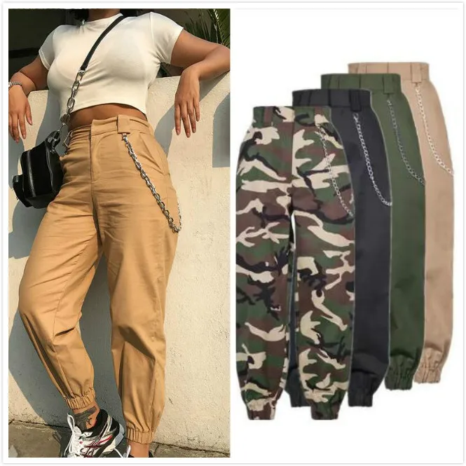 

Women Casual Waist Chains Sweatpants Khaki Cargo Pants Camo Joggers Long Black Zipper Trousers Streetwear Harem Pantalon Female