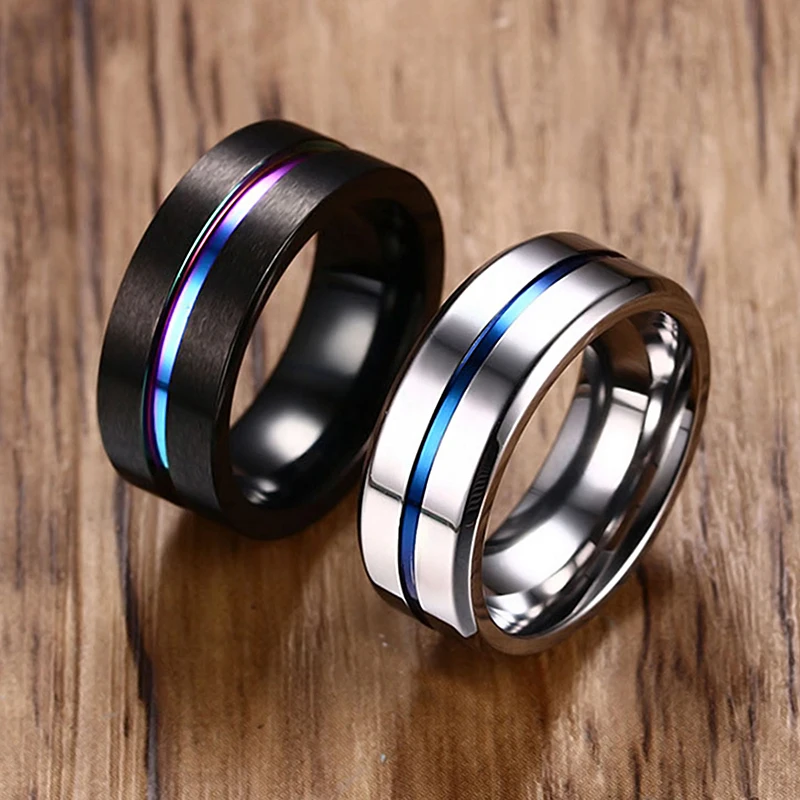 Black Silver Color Stainless Steel Rings for Men Rainbow Thin Line Rings Wedding Band Male Alliance Jewelry 8mm