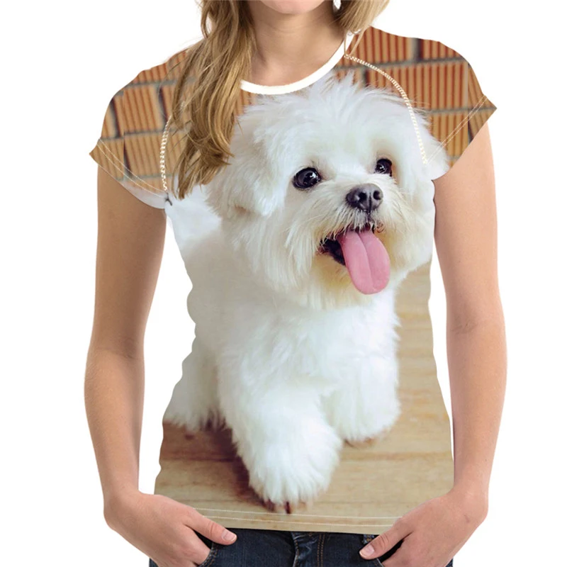 Noisydesigns Cute Maltese Dog Print Women Short Sleeve T Shirt Summer Breathable Casual Tshirt for Girls Ladies Fashion Tops Tee