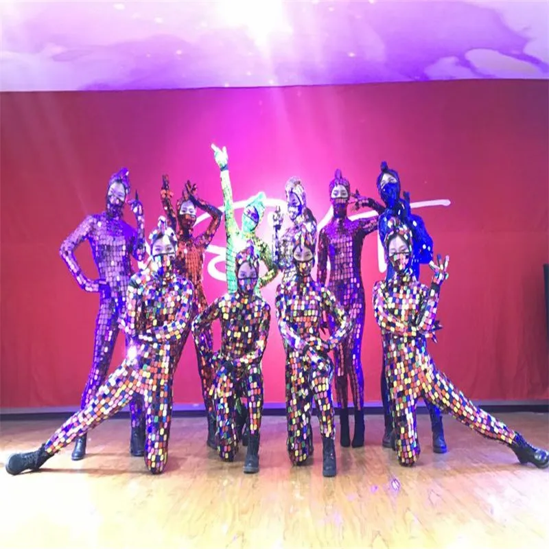 

M55 New Mosaic colorful mirror costumes stage dance show wears jumpsuit female bodysuit dj dress clothes mirror mask gloves club