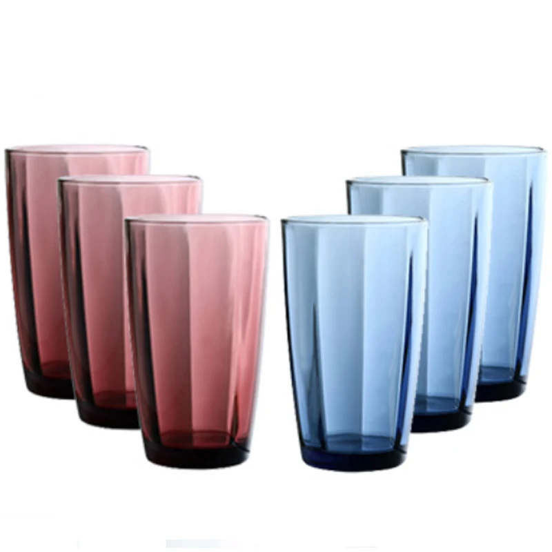 

6pcs Water Juice Glass Tea Party Cup Colored Drink Glasses 250ml 300ml 470ml Drinking Glass with Design Pink Blue Transparent