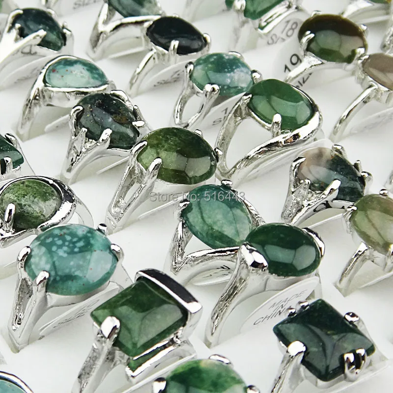 Wholesale Jewelry Lots 50pcs 100% Natural Green Stones Tourmaline Stones Mix Style Silver Rings for Womens Mens Fashion A002