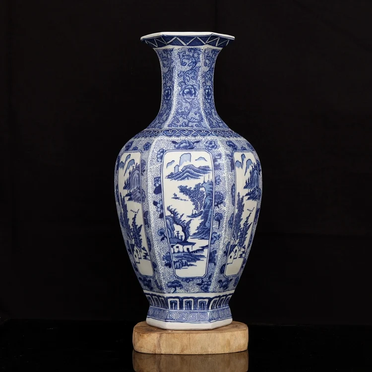 Qing Qianlong year mark hexagon vase Jingdezhen antique blue and white landscape pattern porcelain large floor vase