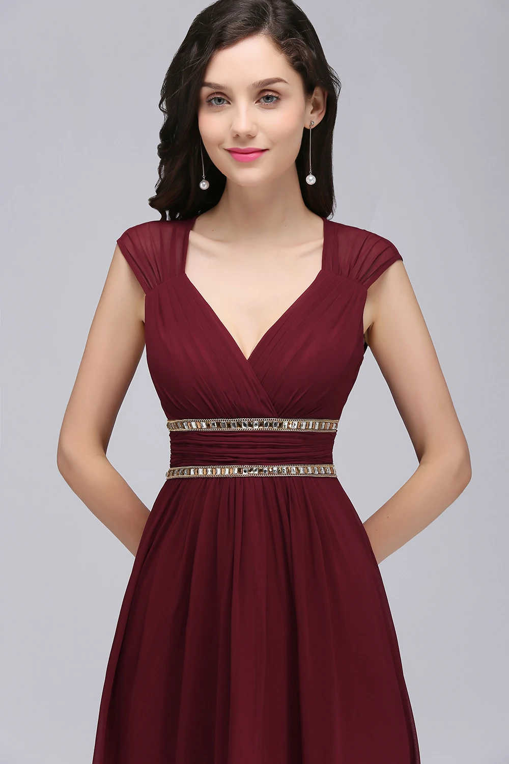 Chiffon Prom Dress V Neck Beading Burgundy Long Women Bridesmaid Dresses Backless Floor Length Sleeveless Formal Party Gown