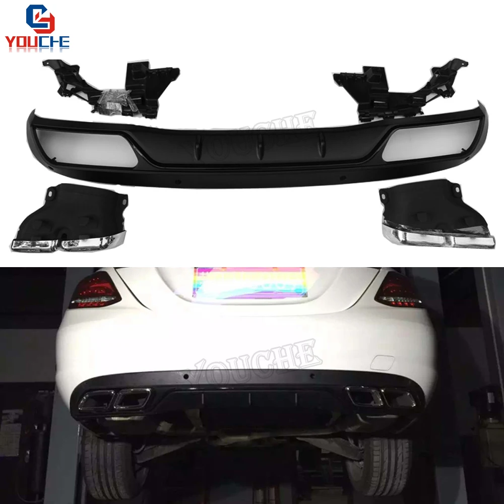 W205 AMG Style Black Rear Bumper Diffuser For Mercedes W205 C Class Classic Model 2015-2018 4-outlet Exhaust Tips Endpipe