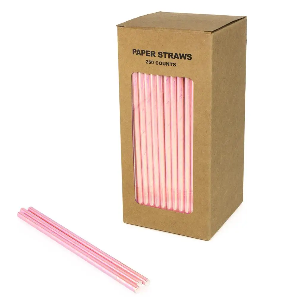 Paper Drinking Straws Pearl Unicorn Birthday Party Wedding Baby Shower,Foil Light Pink Iridescent Paper Straws 250 Counts Box