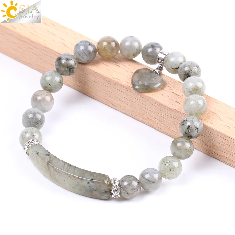 CSJA Natural Stone Bracelet Trendy Handmade Beaded Bangle Labradorite Beads Rectangle Love Heart for Women Men Yoga Jewelry F103