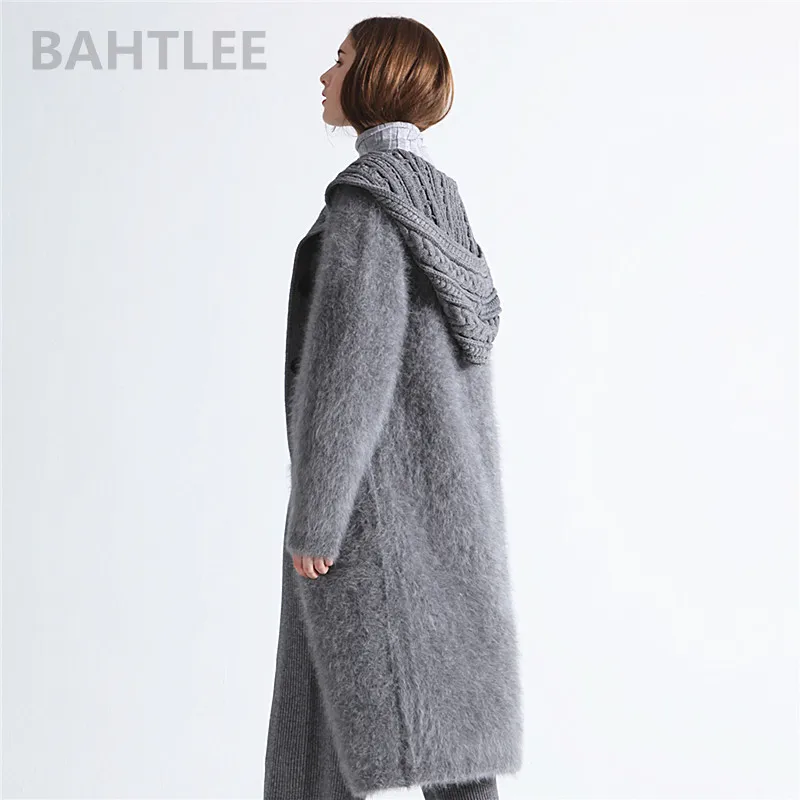 BAHTLEE-Women\'s Angora Rabbit Hat Cardigans, Super Long Sweater, Loose, Flash Pearl, Button Pocket, Very Thick,  Winter