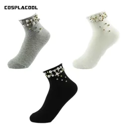 [COSPLACOOL]New Arrived Harajuku Korean Fashion Shining Pearl Women Socks Meias Soft Ladies Crimping Short Sock Calcetines Mujer