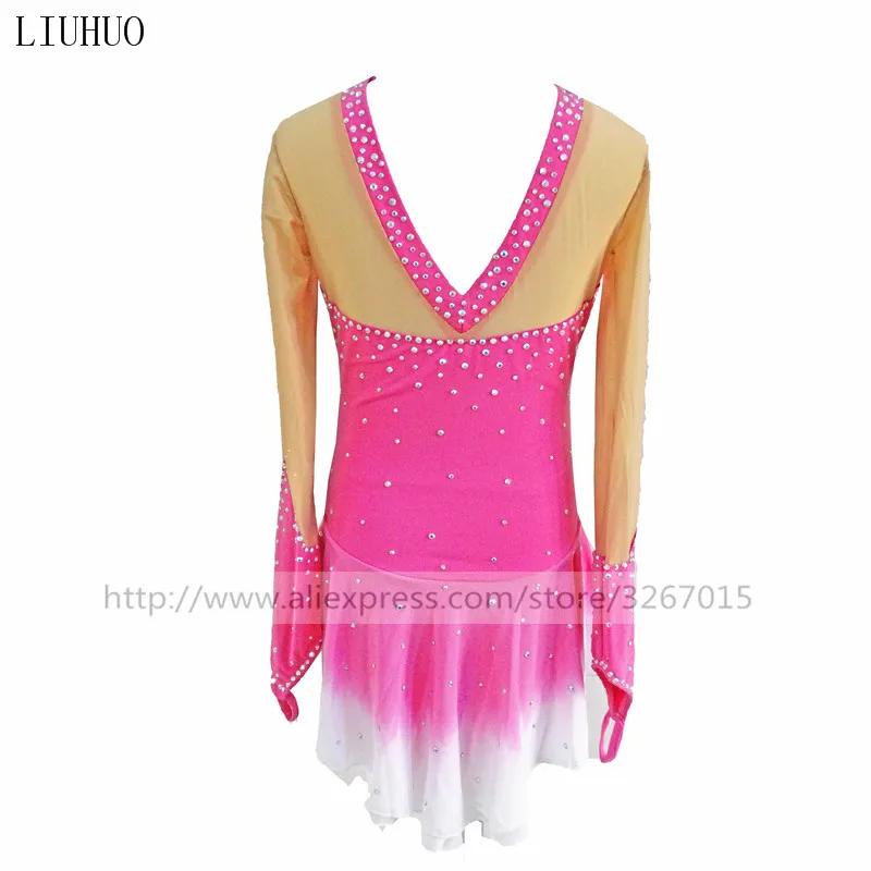 LIUHUO Women Girl Performance Ballet Competition Leotard Ice Figure Skating Dress Dance Pink Long Sleeved V Collar Costume Teen