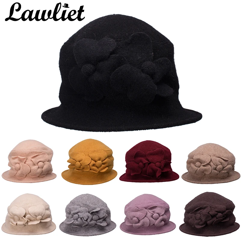 Lawliet Women Winter Hats Solid Flowers Warm Pure Wool  Cap Ladies Women Fedoras Cloche Hats Ladies Bucket Church Hats A218