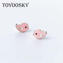 Cute 925 Sterling Silver Pink Bird Stud Earrings For Kids Children Girl Lovely Hypoallergenic Animal Sterling-silver-jewelry