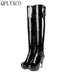 QPLYXCO 2017 New super Big small Size 30-48 Patent Leather long Boots shoes Ladys over the knee high Boots High quality  5203-6