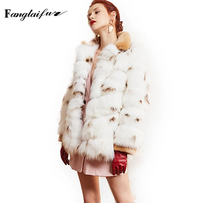 

Ftangaiur Winter Women Import Fox Fur Coat Turn-Down Collar Leopard Slim Fox Fur Coats Women's Real Short Fox Fur Coats