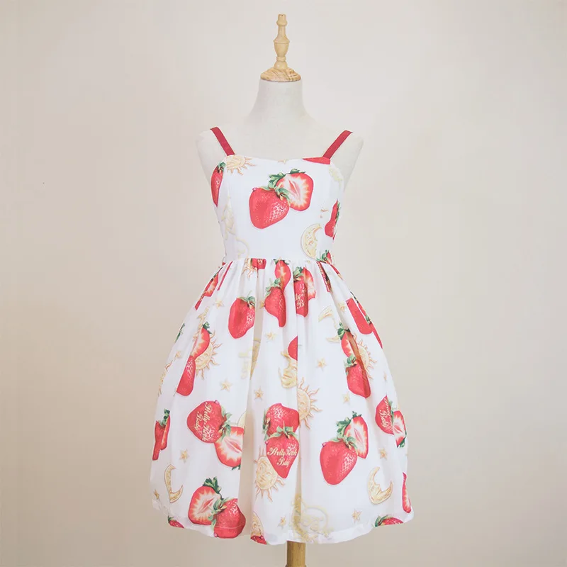 Vestido de princesa Kawaii japonés Strawberry Jsk Lolita, dulce vestido de señora de cintura alta con lazo