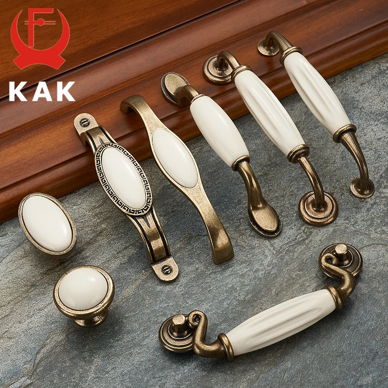 KAK 5 piece Antique Bronze Ceramic White Cabinet Handles Zinc Alloy Drawer knobs Wardrobe Door Handles European Furniture Handle