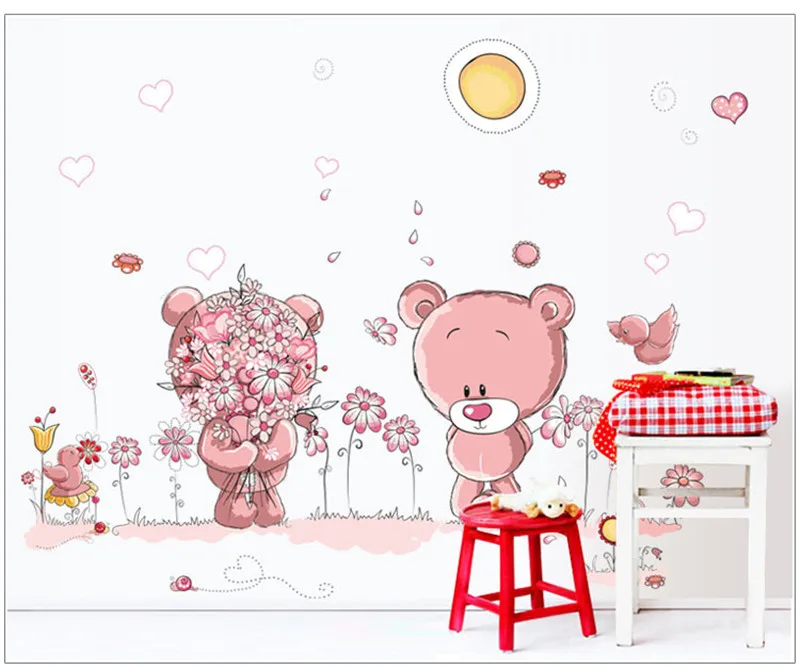 Lovely Shy Pink Bears Flower Wall Stickers For Girl's Room Love Home Decor Wedding Decoration for kids room Poster Mural