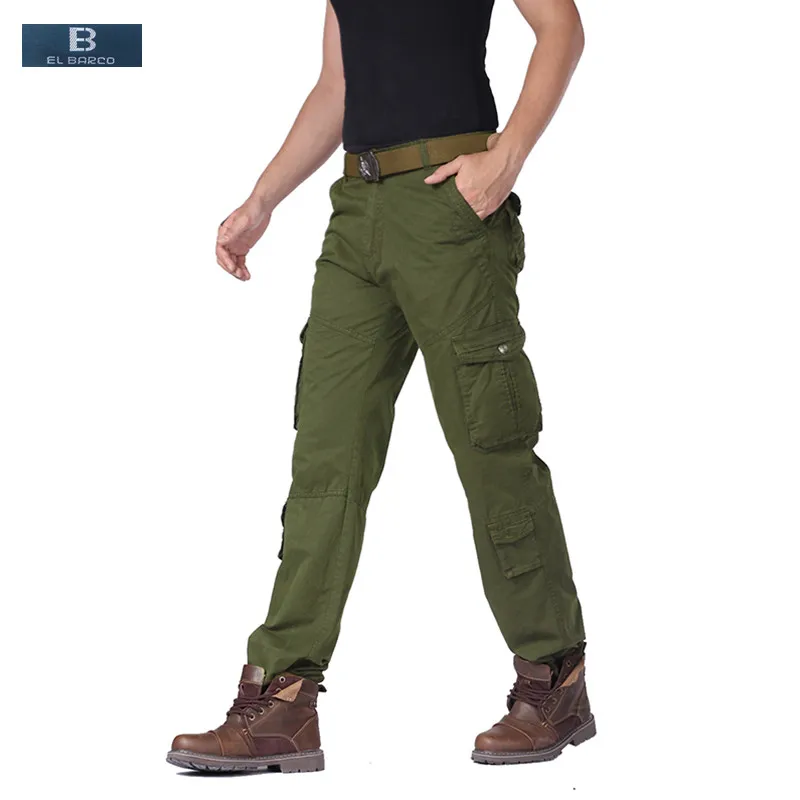 

[EL BARCO] Autumn Cotton Men Cargo Pants Pockets Solid Black Khaki Army-green Long Male Casual Trousers Military Joggers Clothes