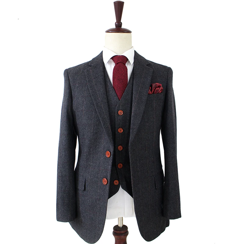 Wool Dark Grey Herringbone Tweed tailor slim fit wedding suits for men Retro gentleman style custom made mens 3 piece suit