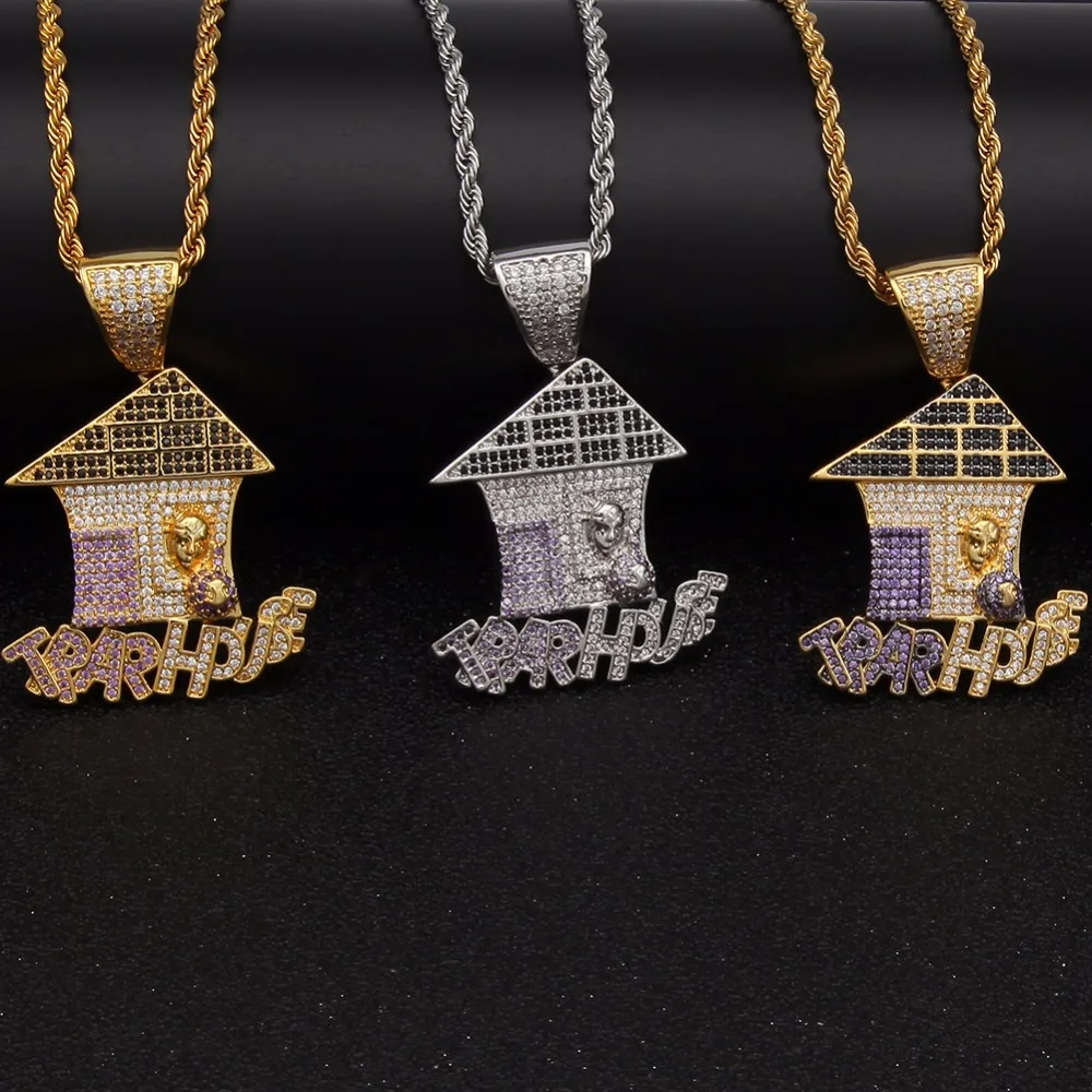 UWIN Trap House Pendant AAA CZ Bling Purple Iced Out Micro Paved Money Bag Necklace Tennis Chains Men's Hiphop Jewelry