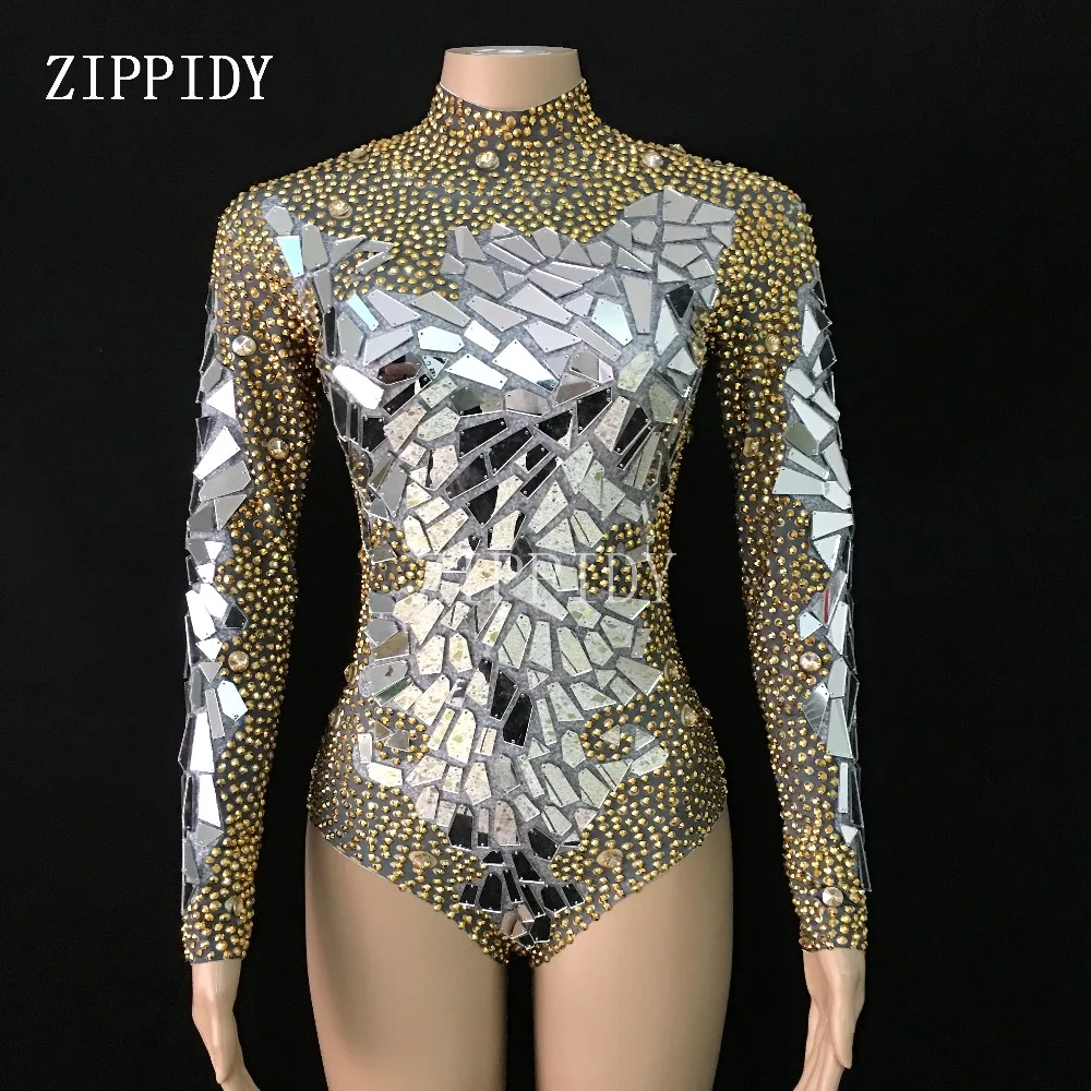 Bling Gold Rhinestones Mirrors Sexy Bodysuit Women\'s Birthday Prom Celebrate Outfit Evening Bar DJ Women Singer Show Clothing