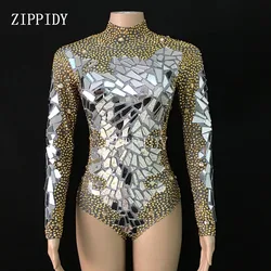 Bling Gold Strass Spiegels Sexy Bodysuit Vrouwen Verjaardag Prom Vieren Outfit Avond Bar Dj Vrouwen Zanger Tonen Kleding