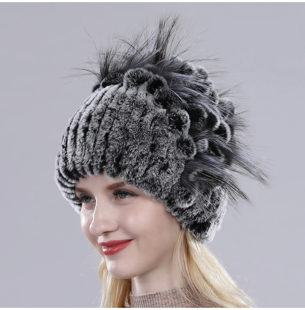 Neue Russische Damen Echt Rex-Kaninchenfell Mützen Luxuriöse Gestrickte Blumen Echte Rex-Kaninchenfell Kappe Winter Echt-Fell Beanie Mütze – Detail 10