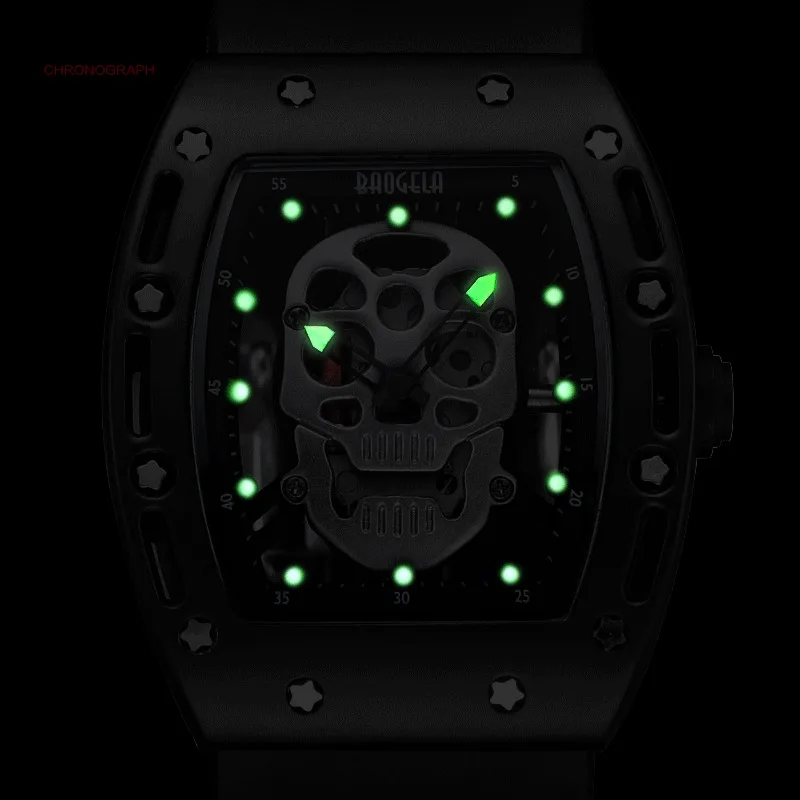 Baogela Fashion Rectangle Skeleton Dial Luminous Hands Silicone Strap Army Sport Quartz Watches BGL1612G-3