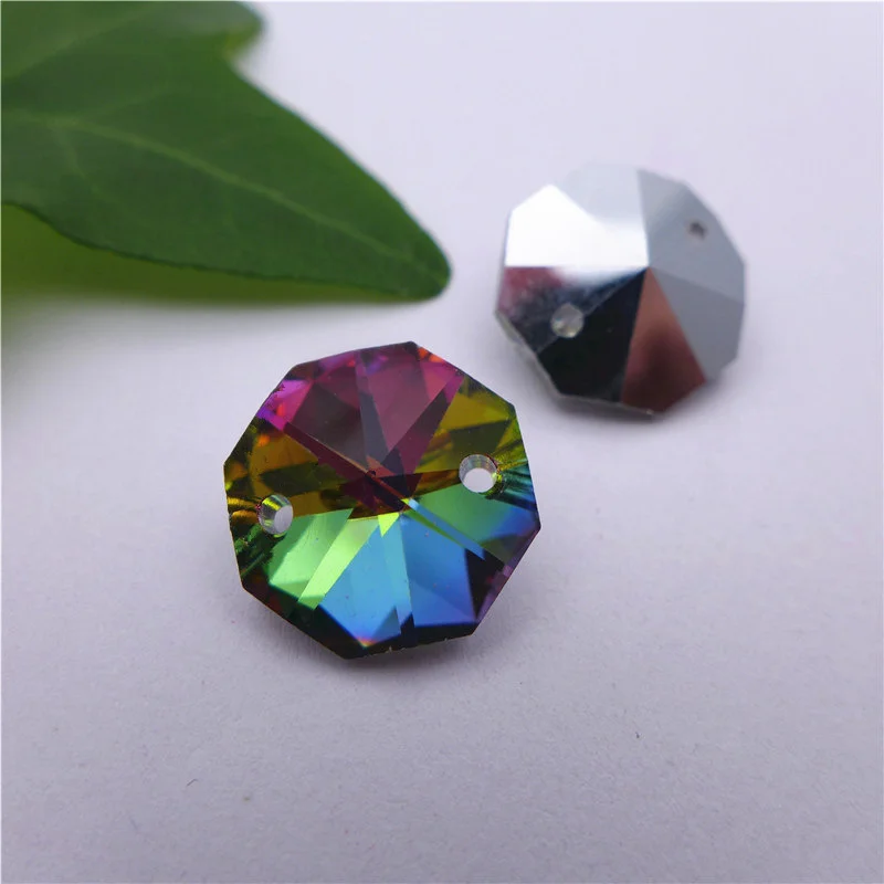 2 / two holes 14mm glass octagon beads ab plating colour crystal chandelier pendant connector light drops curtain parts 100pcs