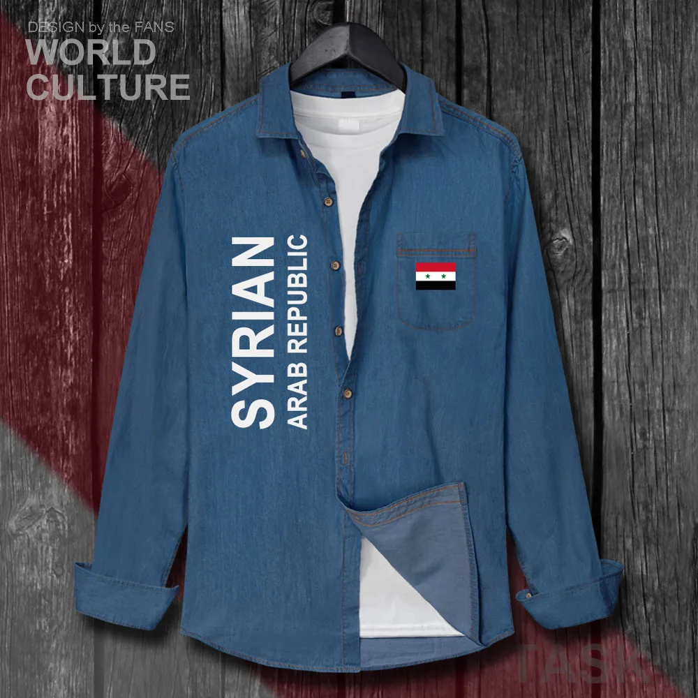 Syrian Arab Republic Syria SYR Arabic Men Flags Clothes Autumn Cotton Long Sleeve Cowboy Coat Turn-down Collar Jeans Shirt Tops