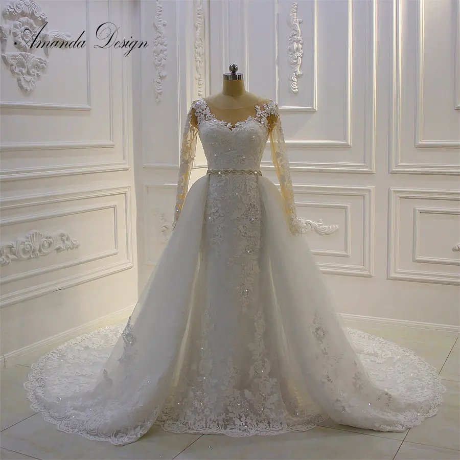 Amanda Design nikah elbiseleri Long Sleeve Lace Applique Mermaid Wedding Dress with Detachable Skirt