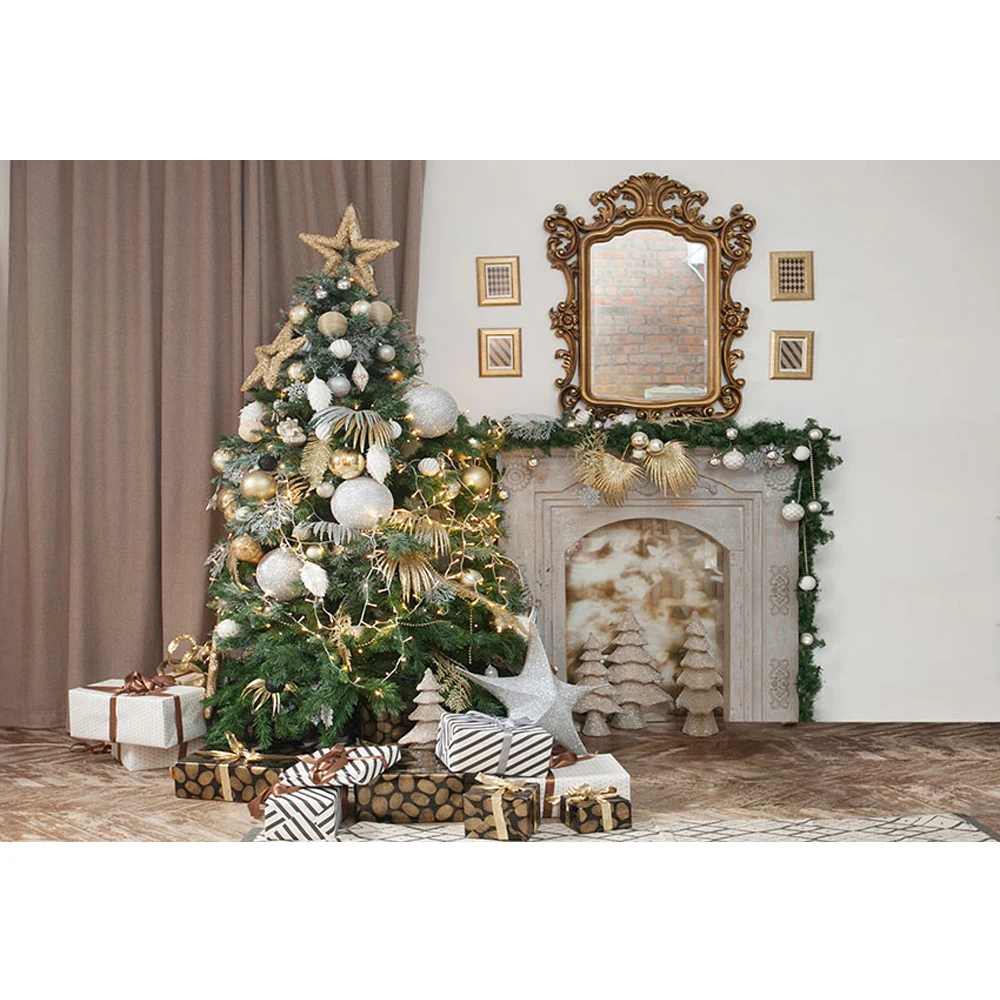 

Home Xmas Party Photo Background Printed Curtain Mirror Presents Gold Silver Balls Decorated Christmas Tree Baby Kids Backdrop