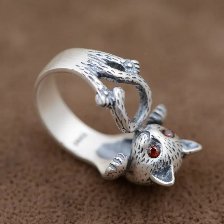 S999 Sterling Silver RingZuyin wholesale matte antique crafts jewelry Adorable cute female kitten