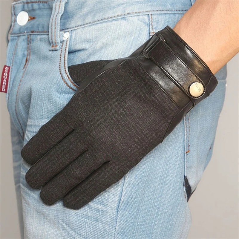 Men Genuine Leather Gloves Business Fashion Black Hand Back Wool Cloth Goatskin Glove Winter Plus Knitted Lined EM014NQF