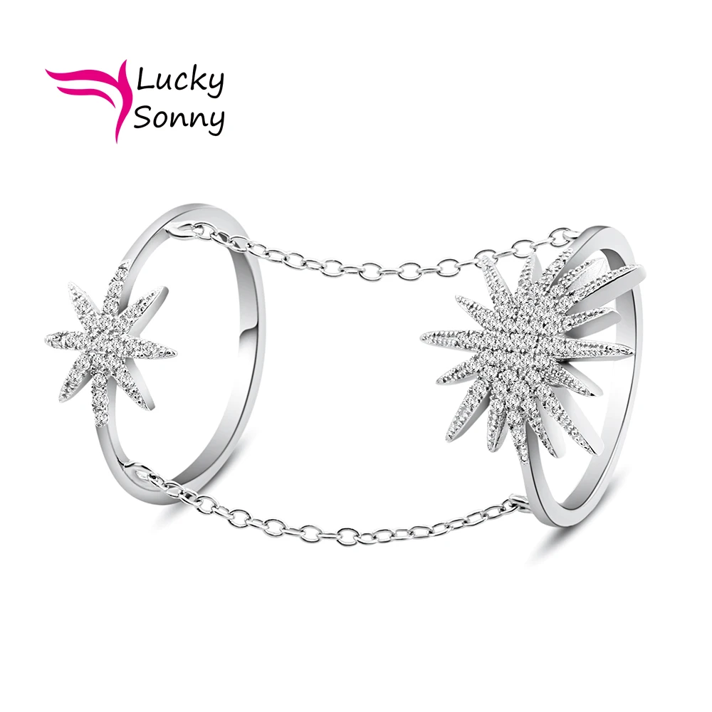 

Women Bijoux Fashion 925 Sterling Silver Chain Ring Design Full Finger Rings S925 CZ Jewelry Double Sunflower Silver Ring