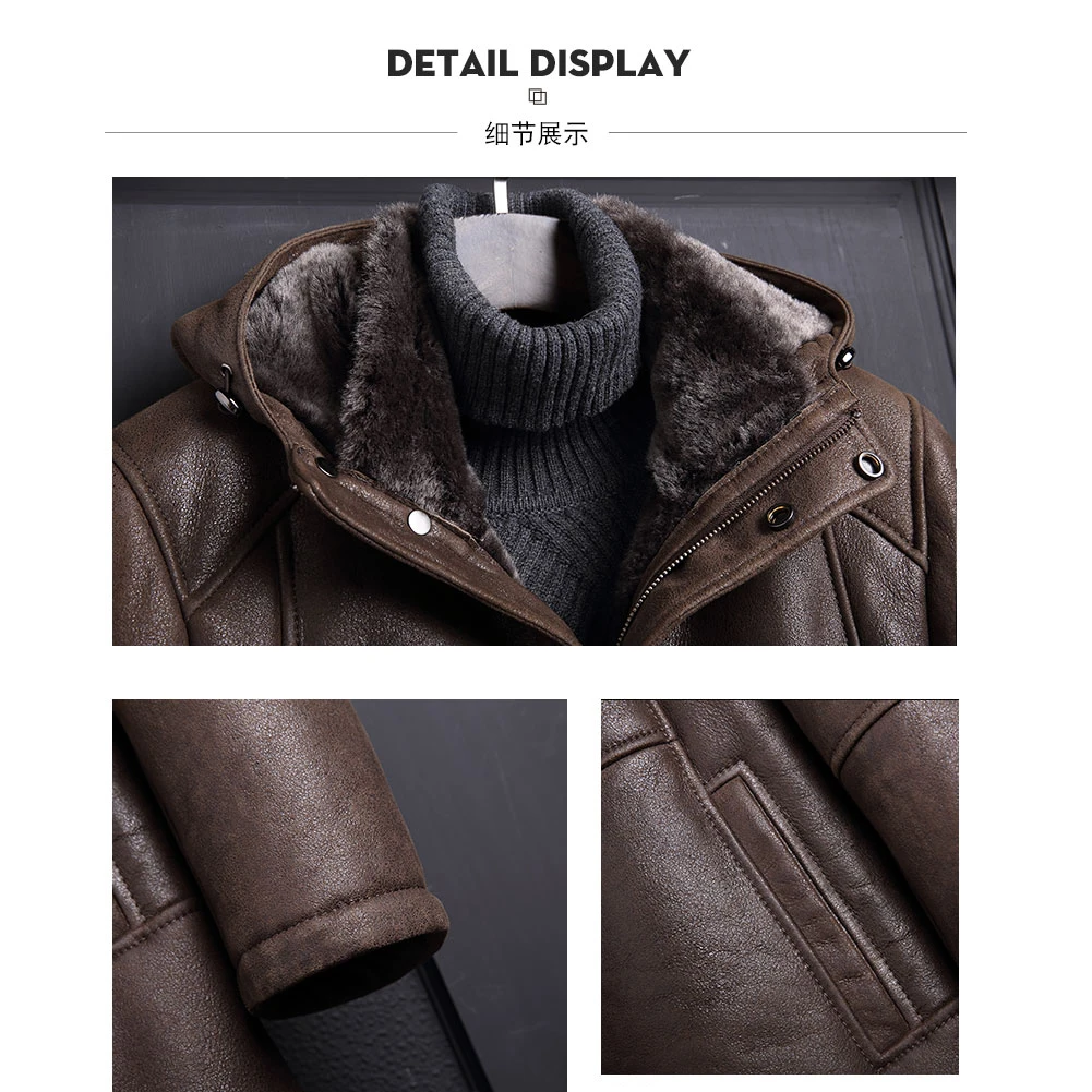 Men's B3 Shearling Jacket Coat Men's Hooded Jacket Men's Winter Middle-Aged Thick Coat