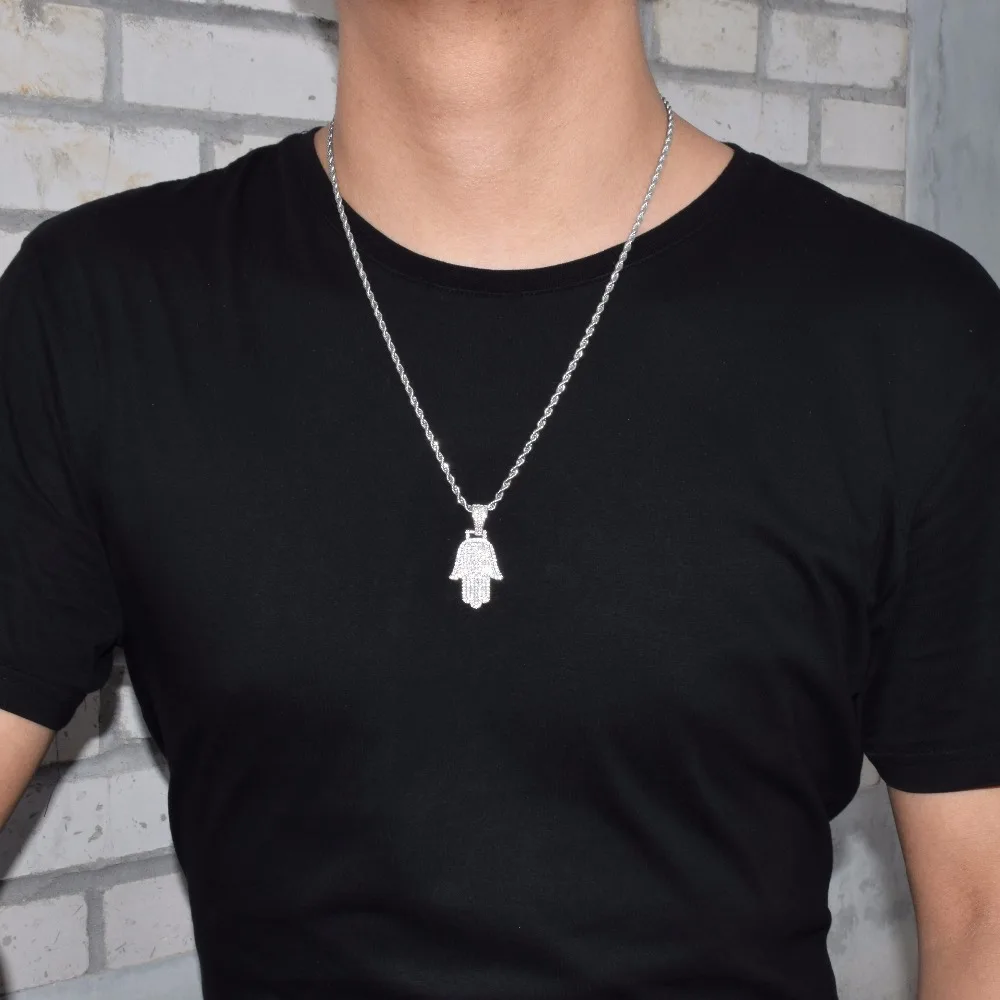 Hand Pendant Necklace Gold Color Cubic Zircon Men\'s Hip Hop Jewelry