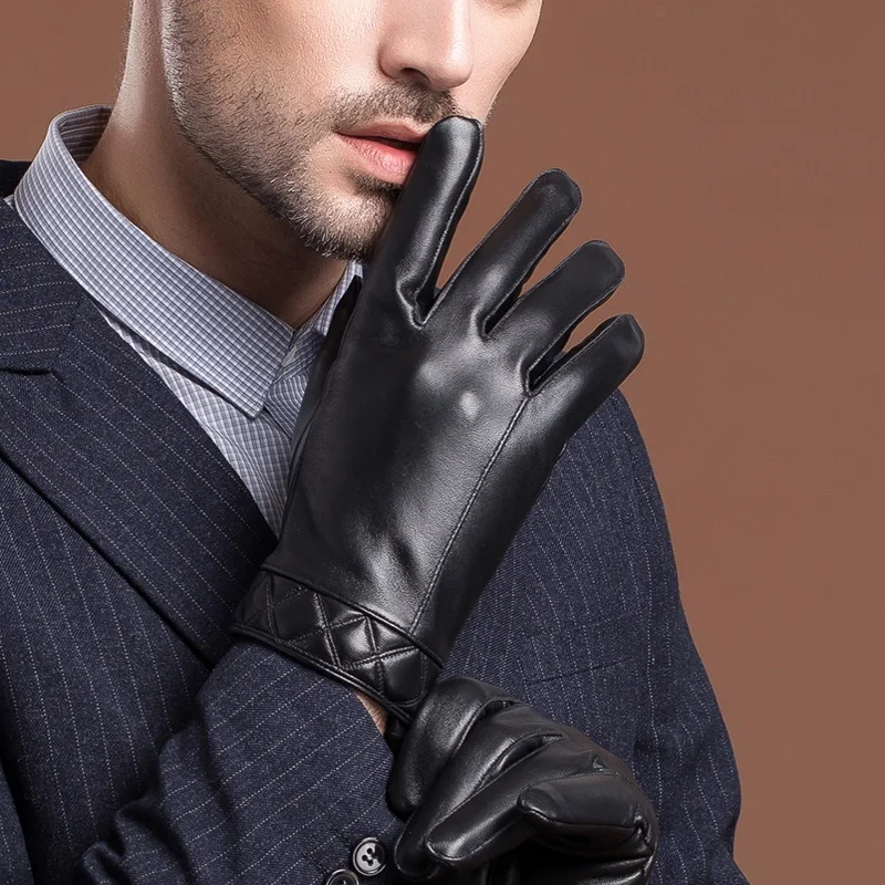 Sales Brand New YY5221 Winter Men Genuine Leather Black Thick Short Gloves Business Male Warm Plush Driving Stick Hand Mitten